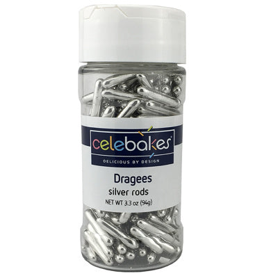 Celebakes Silver Rod Dragees. 3.3 oz